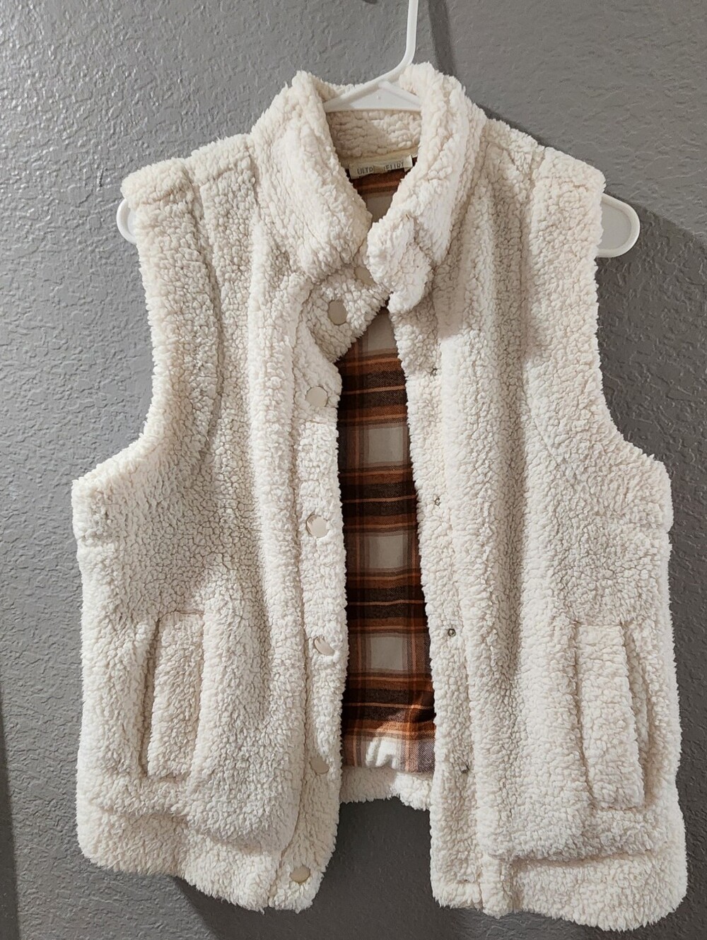 Ultra Flirt Cream Sherpa Vest with Brown Plaid Lining
